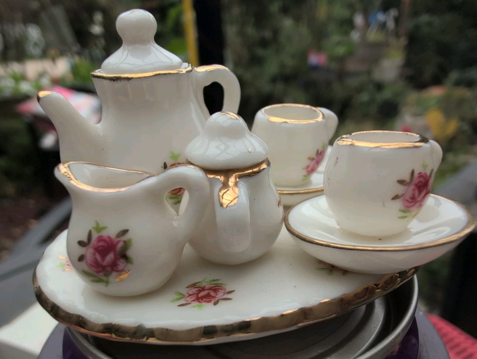Miniature Tea Set 10 piece pink rose porcelain 2\