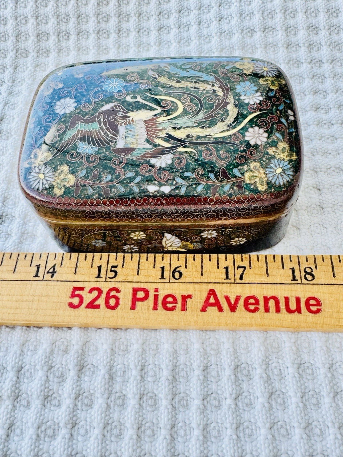 Unusual Japanese Cloisonne Box With A Phoenix On Top And Takaramono On Side