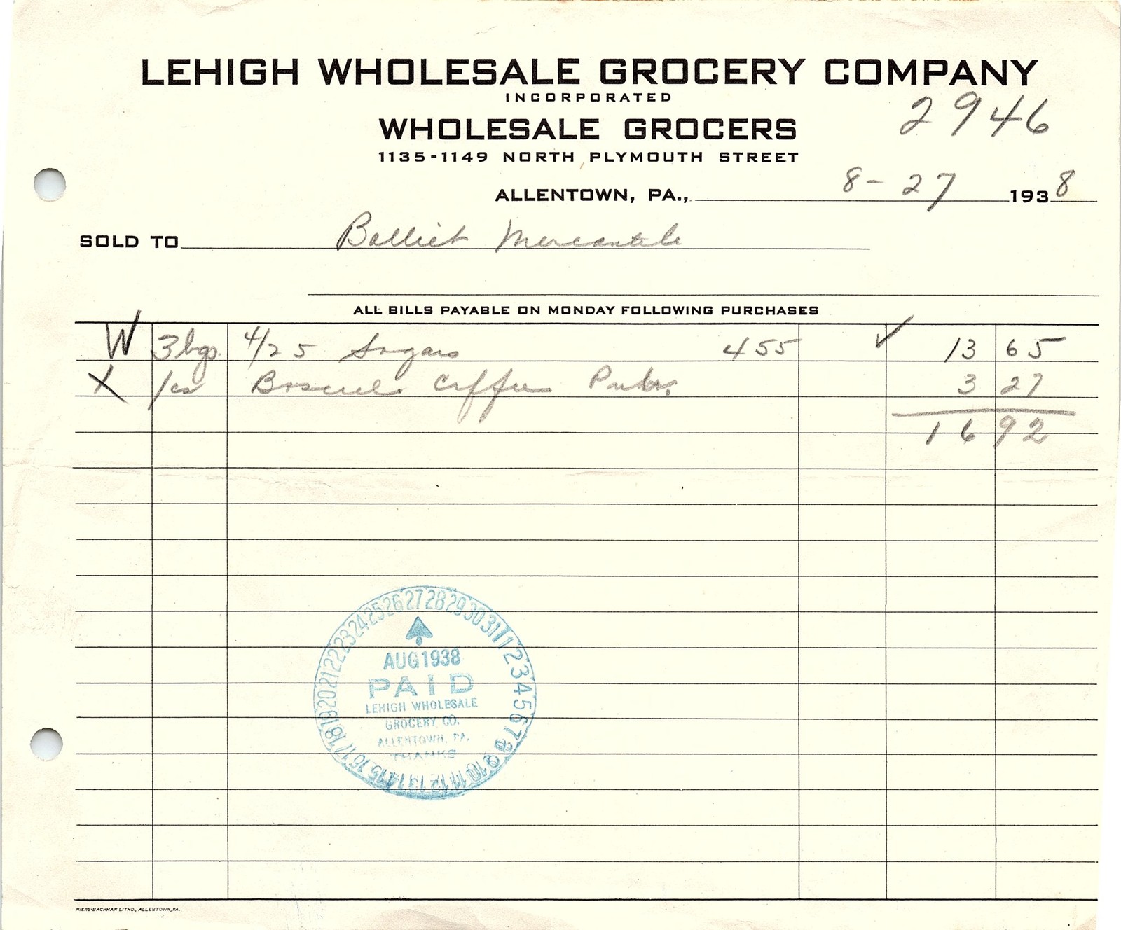 1938 Lehigh Wholesale Grocery Co. Allentown, PA billhead