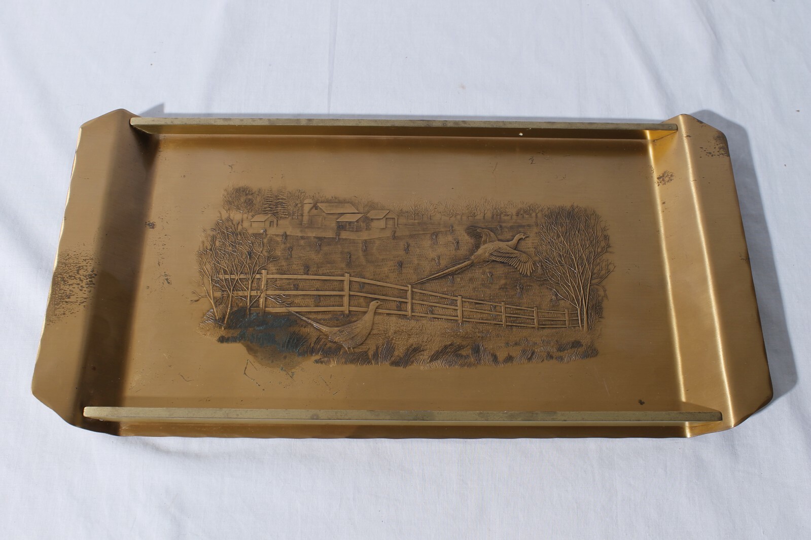Vintage 1986 Tedco Wendell August Forge Pheasant on Farm Bronze Tray 17.5\