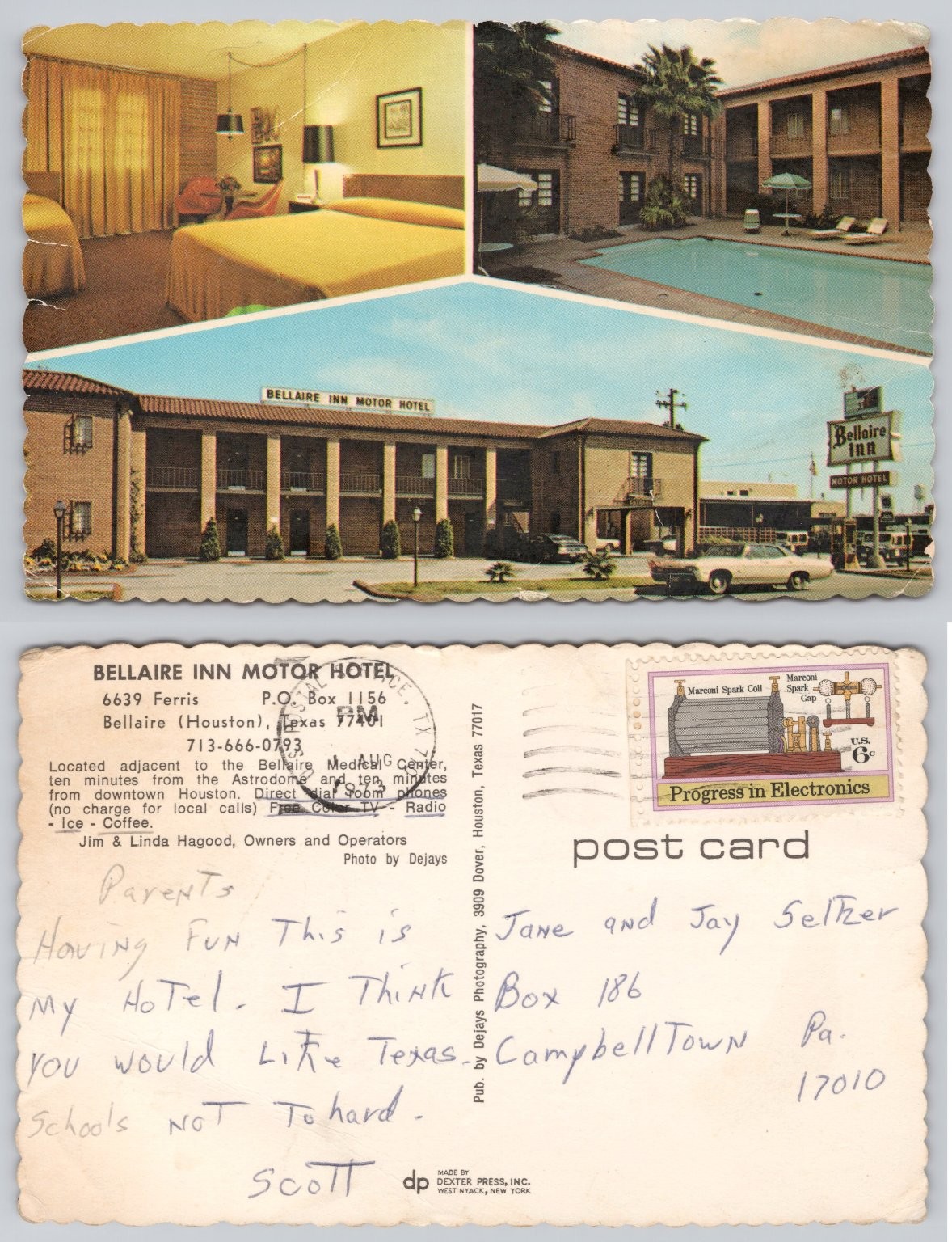 Vintage Bellaire Inn Motor Hotel Postcard Houston Texas 1960s 6c Stamp