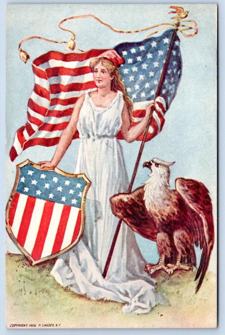 1906 LADY LIBERTY BALD EAGLE AMERICAN FLAG & SHIELD P. SANDER PATRIOTIC POSTCARD