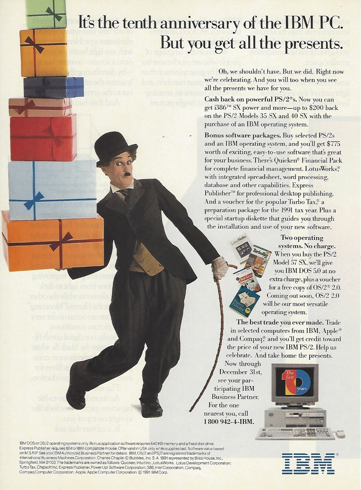 1991 IBM PC Computer PS/2 Charlie Chaplin vintage Print Ad 90\'s Advertisement