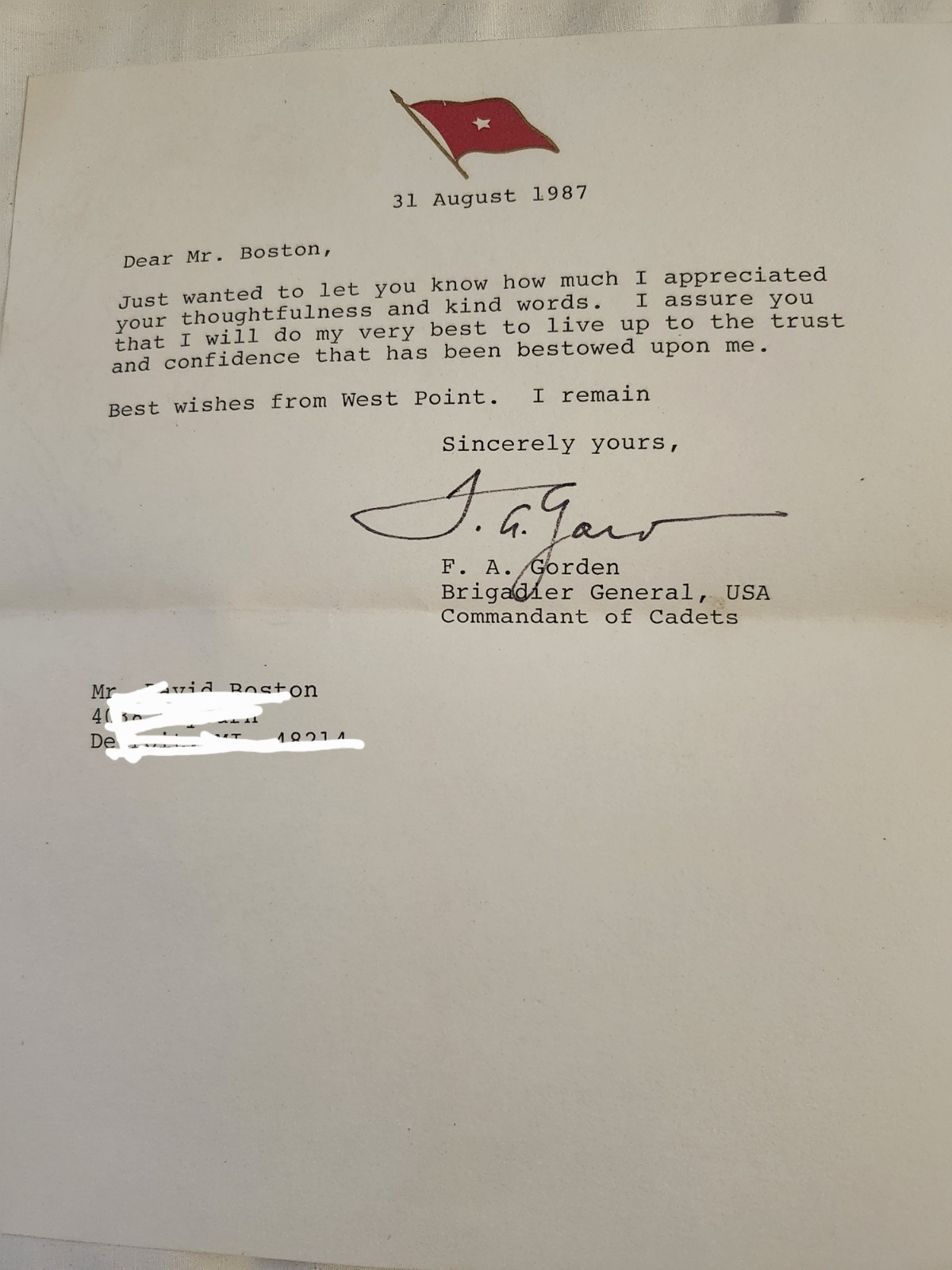 United States Military Academy Fred A. Gorden First To Serve Commander Letter 