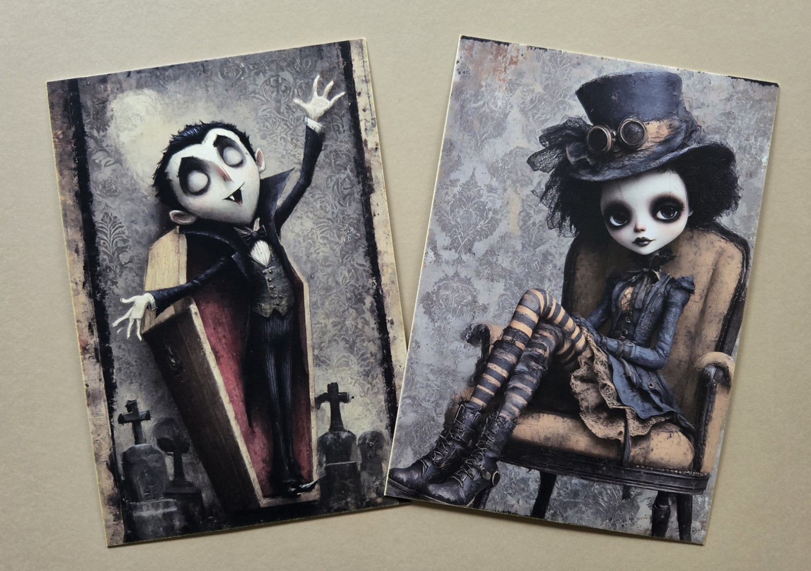 2 Whimsical Gothic Postcards Vampire & Steampunk Halloween Ephemera Art Journal 