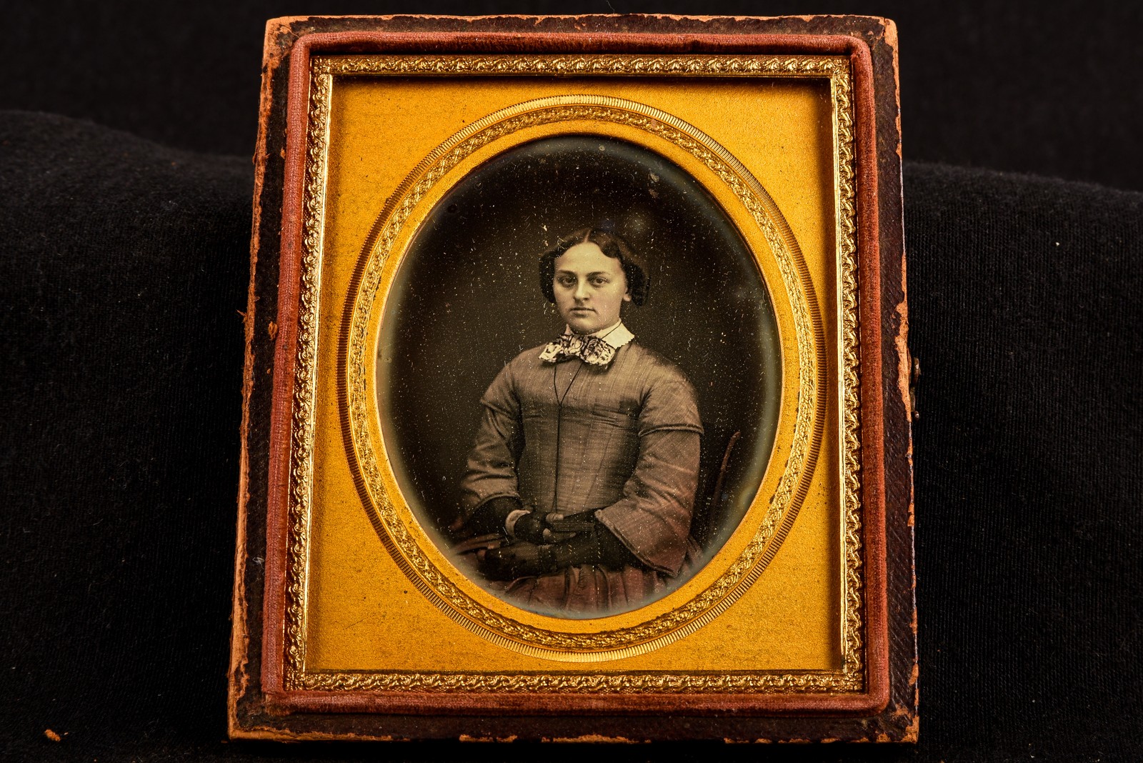 Daguerreotype Photo ⅙ Plate Woman in Fingerless Gloves Bird Design Half Case V30