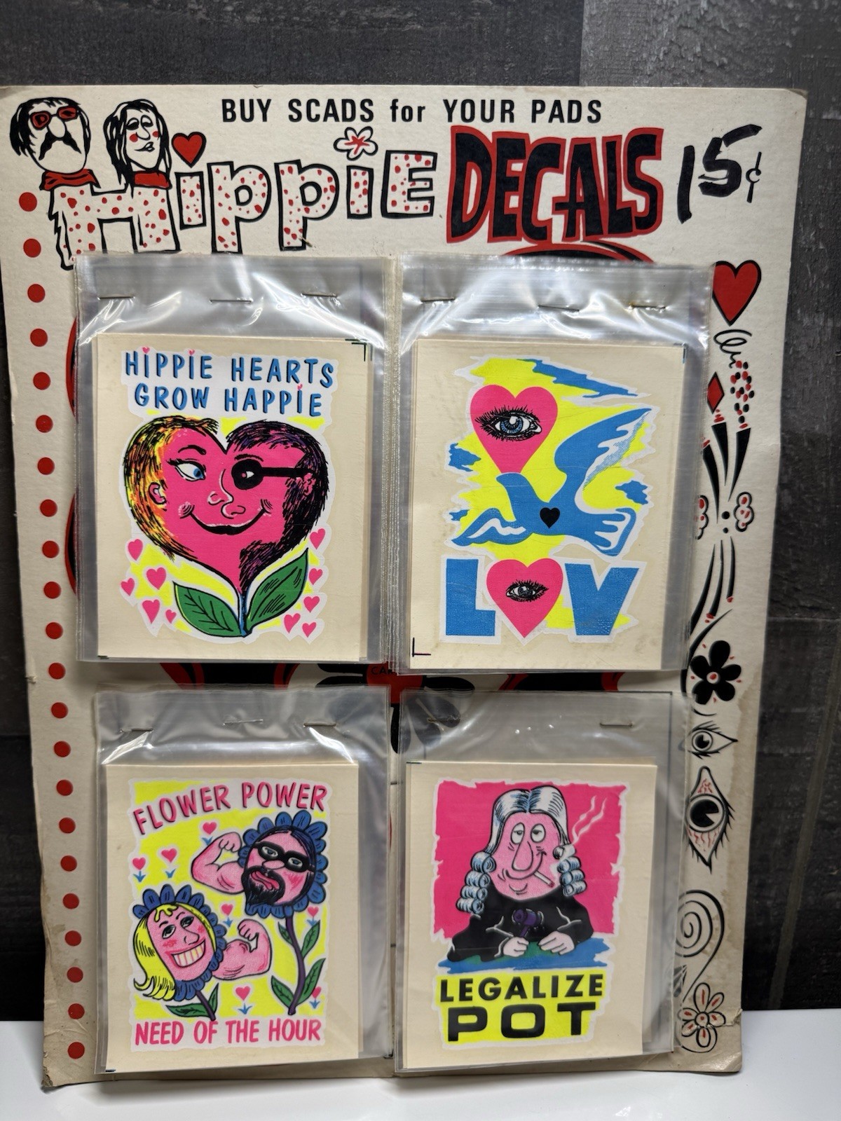 Vtg 1960s IMPKO Hippie Decal Original Display Card LOVE FLOWER POT POWER NOS