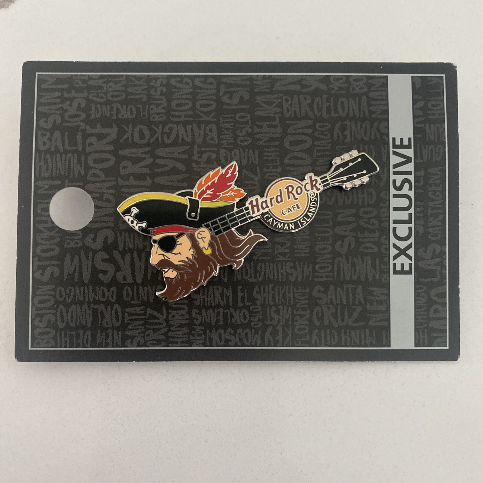 Exclusive Hard Rock Cafe CAYMAN ISLANDS PIRATE Guitar PIN - Brand New on Card