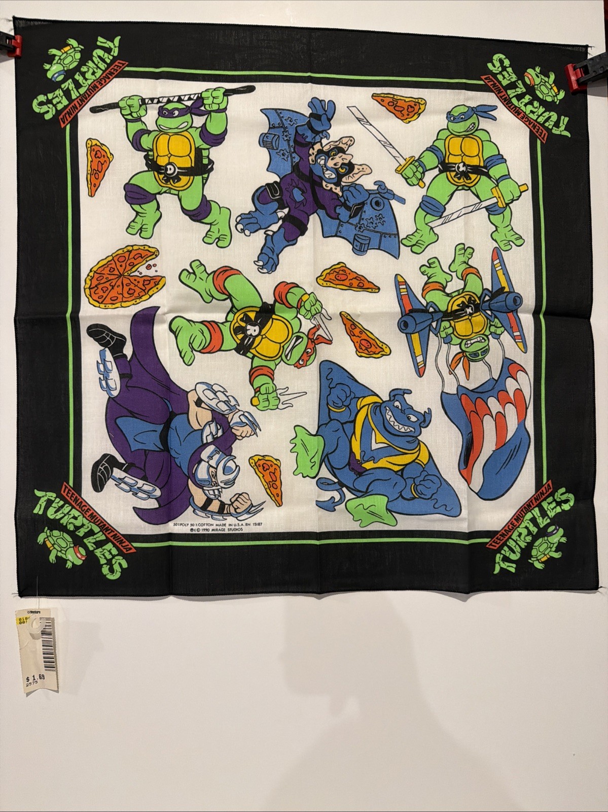 Vintage 1990 Teenage Mutant Ninja Turtles Bandanna Scarf Villains Pizza NWT