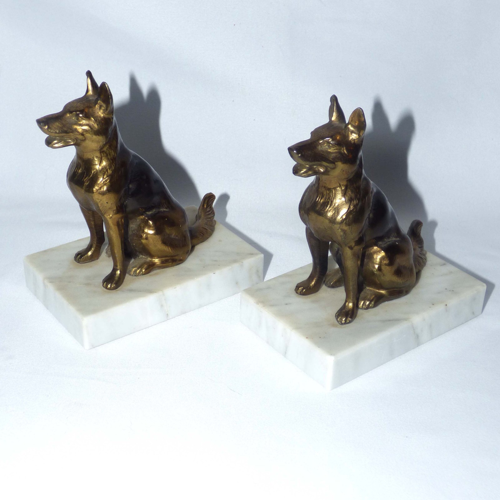 French Art Deco German Shepherd Dog Bookends Spelter Marble c1930 Pair Vintage