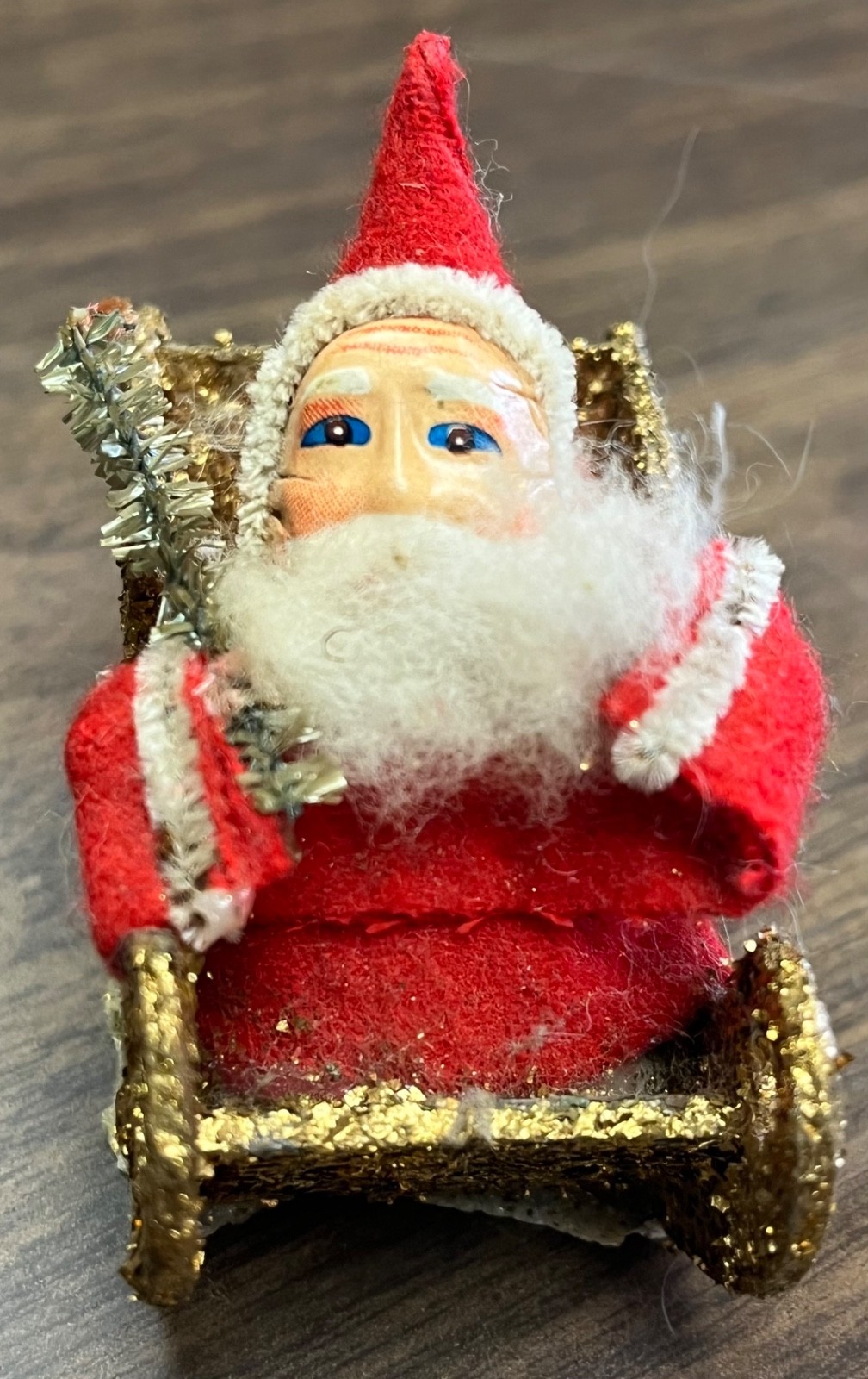 Vintage 1950s Santa Ornament Mica Gold Sleigh Chenille Felt German? Japan? Putz