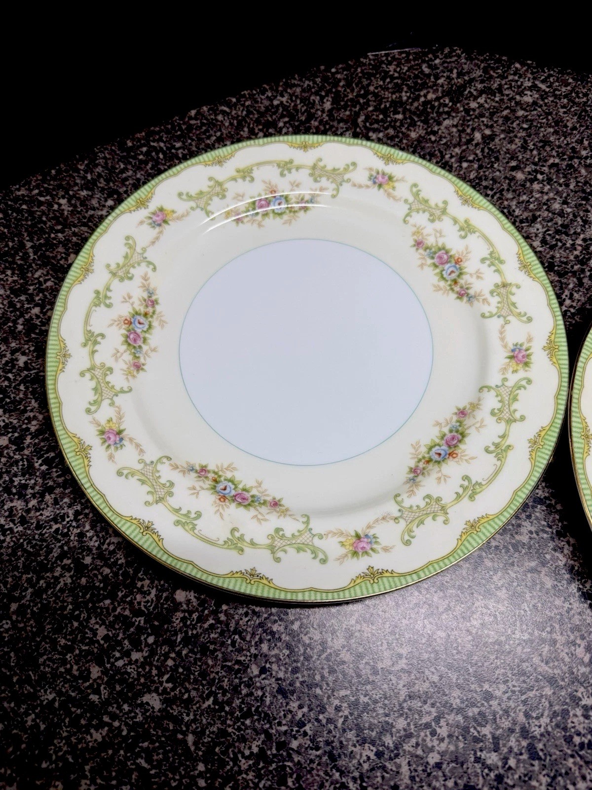 1930s Noritake Marlene Dinner Plates Set of 2 Green Floral Gold Japan Vintage