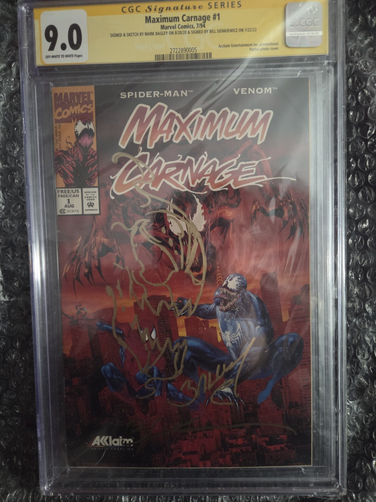 Maximum Carnage #1 Acclaim Promo CGC 9.0 Signed/Sketched by Sienkiewicz & Bagley