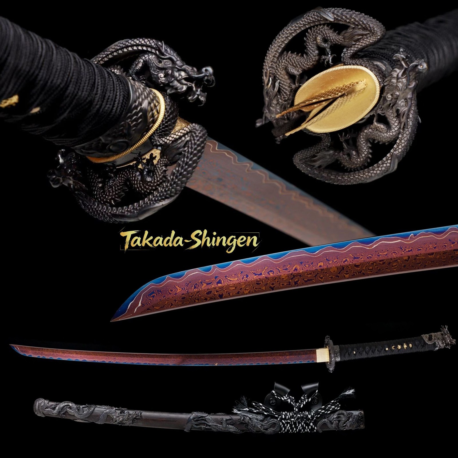 HandForged shihozume Blade Japanese Katana black dragon Sword black wooden saya