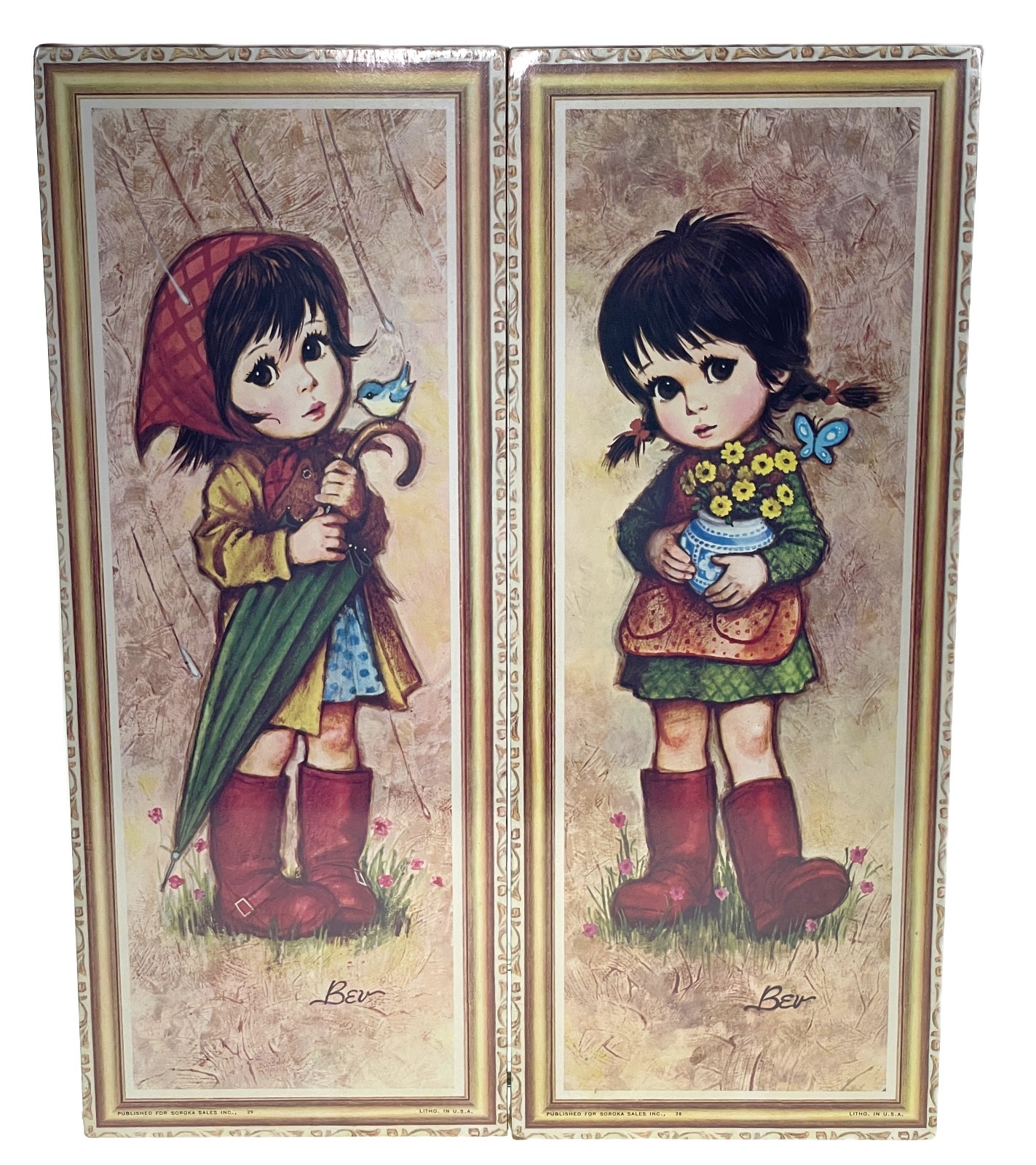 2 Big Eye Kids Girls Plaque Litho Signs New Old Stock Bev Vtg Retro 15”x6”x .5\