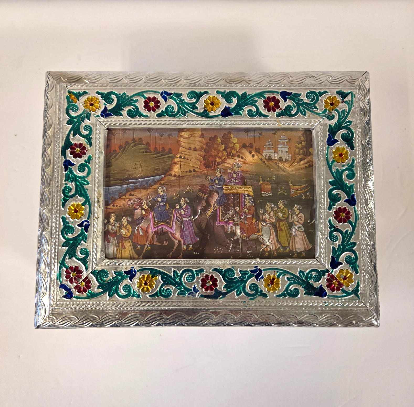 Vintage Indian Meenakari Silver Metal Storage Box 