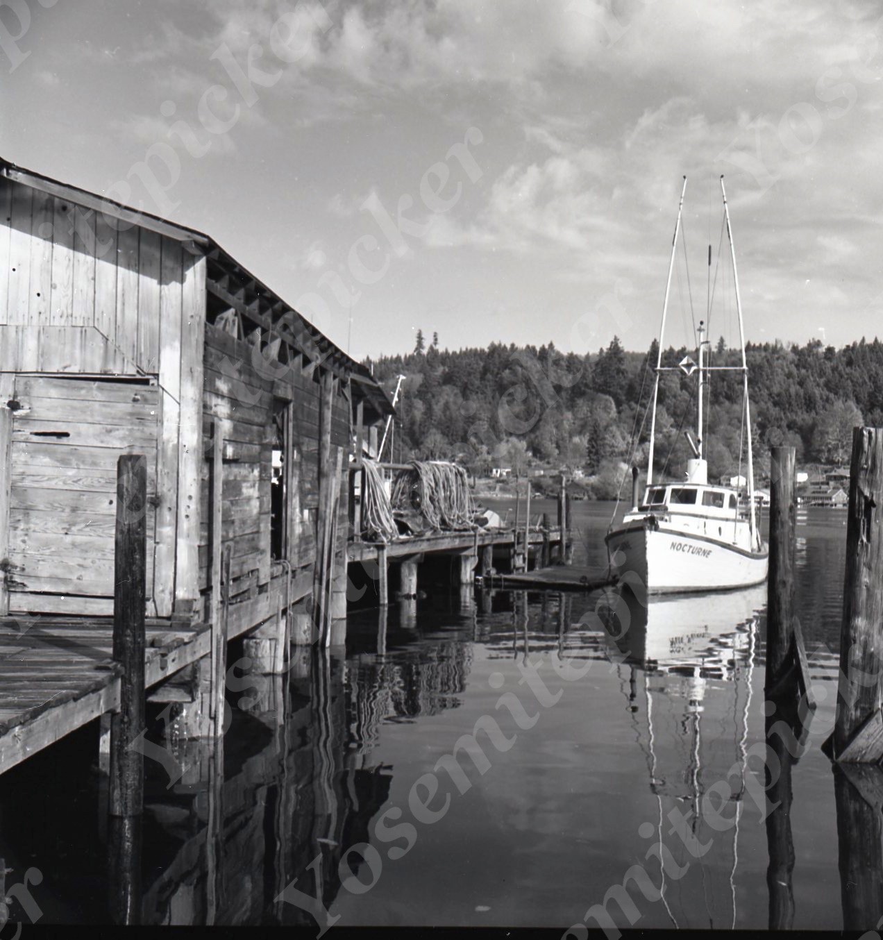 a22  Original Negative 1960\'s Gig Harbor Dock Harbor Nocturne boat 696a