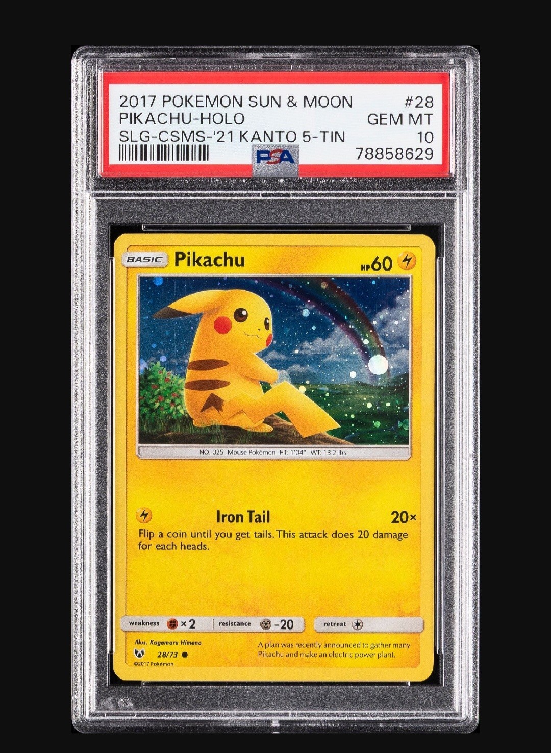 Promo 2017 POKEMON SUN & MOON21 kanto 5 tin #28 PIKACHU PSA10 cosmos holo 