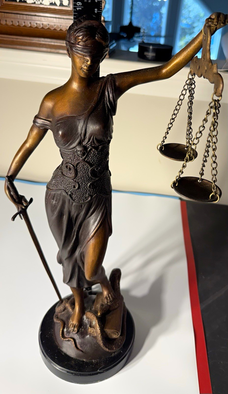Lady Justice Metal Statue Signed Mayer, Bronze/Black on Marble Base