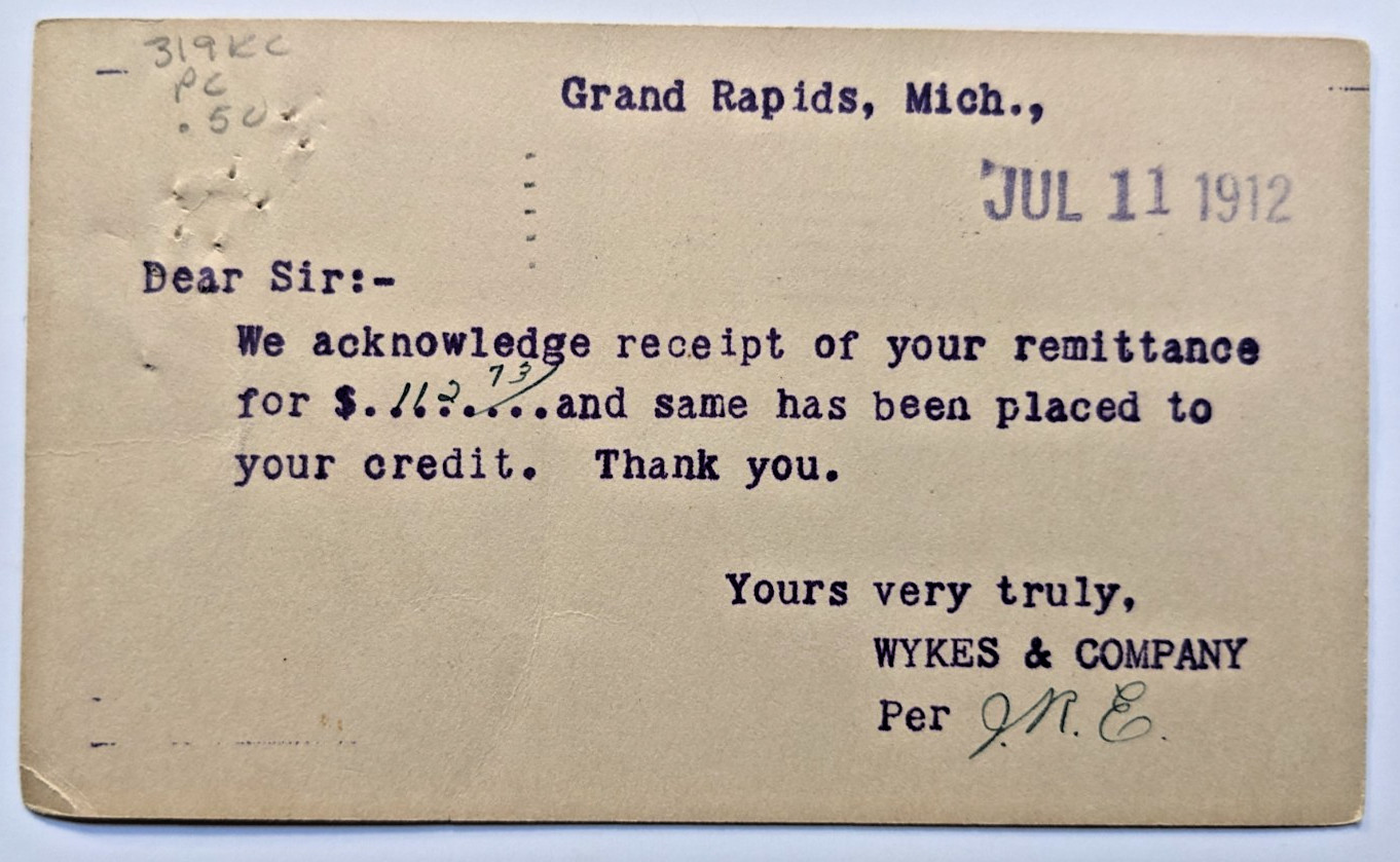 c1912 Business Postcard Wykes & Company Remittance to Voigt Milling Co. Michigan