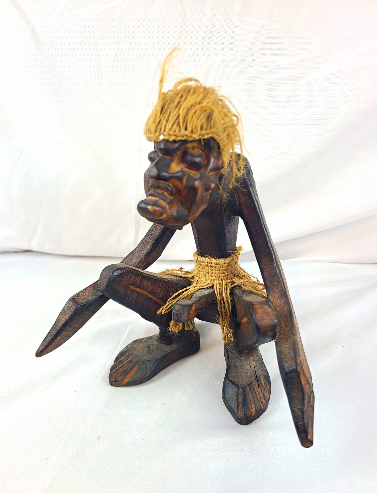 Vintage Wooden Carved Tribal Squatting Figure Folk Art Phallic 8.5