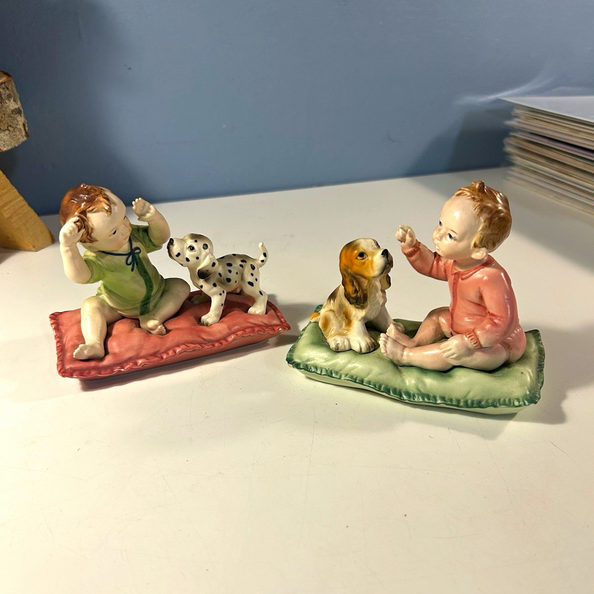 Vintage Liberati Italian Porcelain Figurines Pair Baby & Puppies Pillows Italy