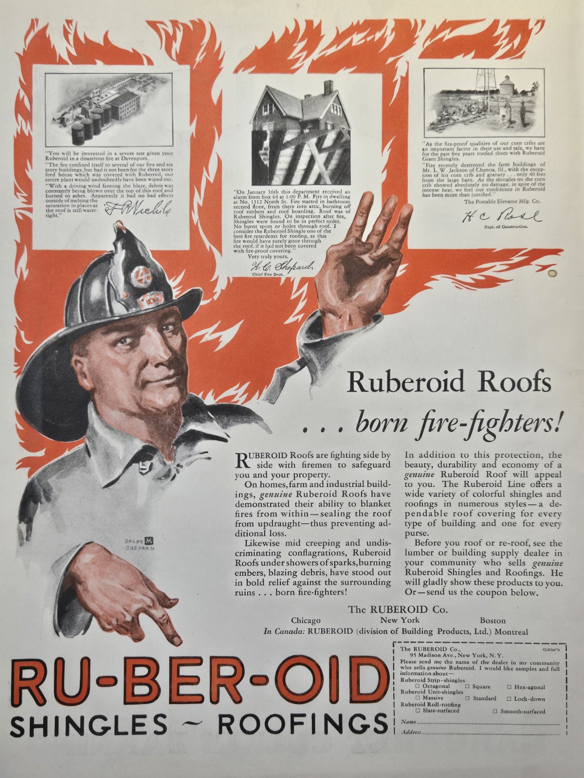 The Ruberoid Co Ru-Ber-Oid Shingles Roofings Fire Fighters Vintage Print Ad 1927
