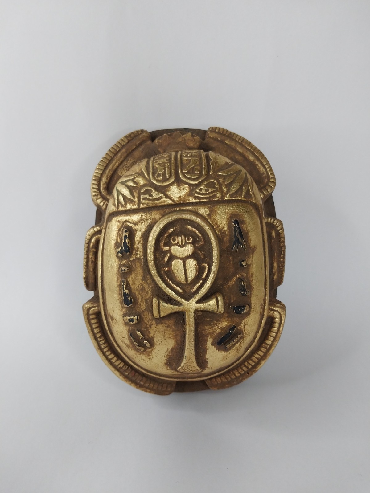ANCIENT EGYPTIAN SCARAB BEETLE Statue Stone Ankh Key of Life Eye of Horus Gold