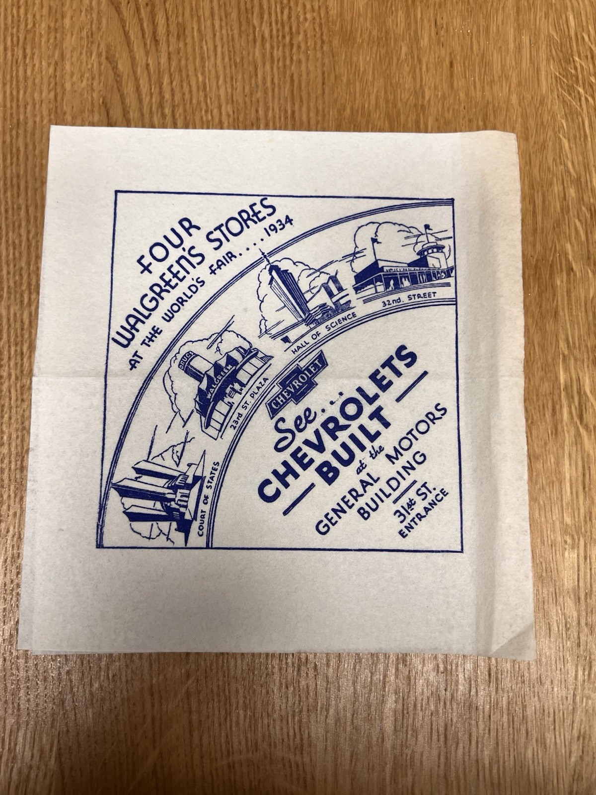 Original 1934 Chicago World’s Fair Ephemera – Walgreens Promotional Napkin