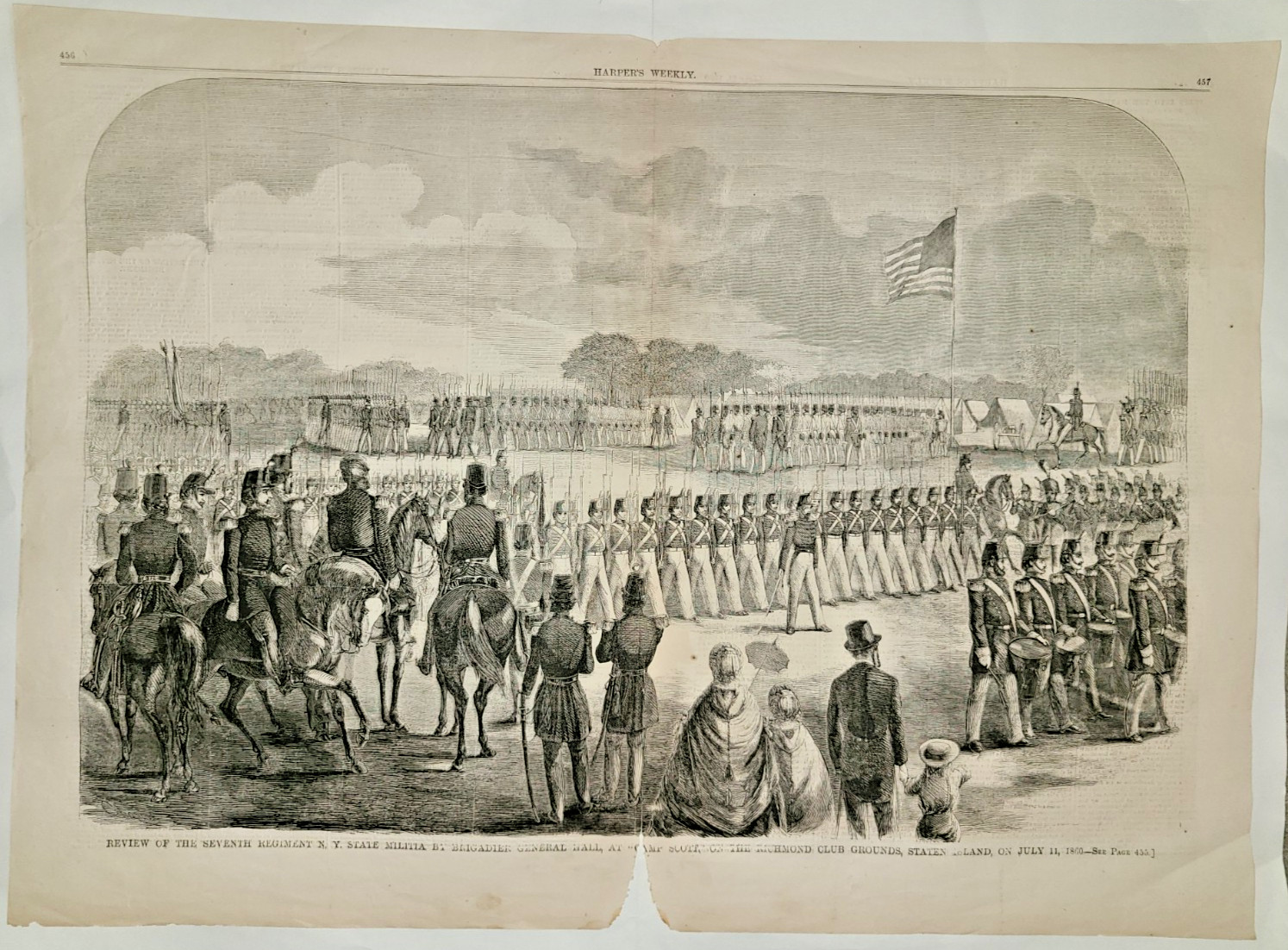 Antique engraving, Seventh Regiment NY Militia at Camp Scott, Harper\'s Wkly 1860