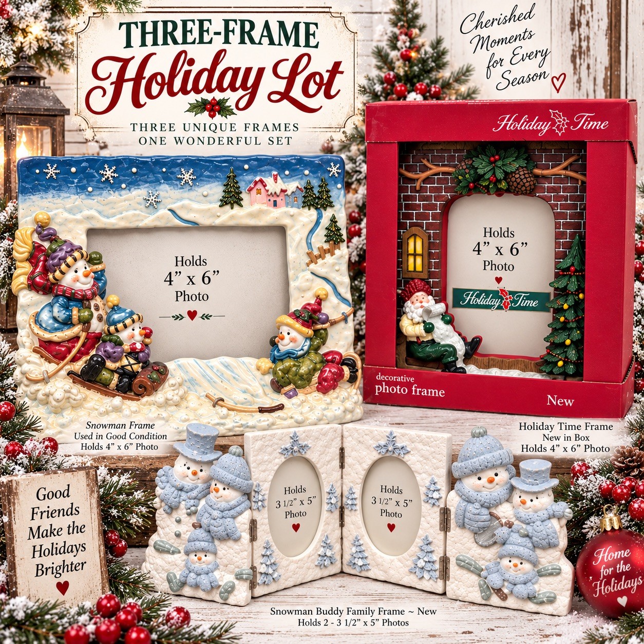 Lot of 3 Christmas Holiday Picture Photo Frames (2) 4x6 & One 3.5x5 Holiday Dec