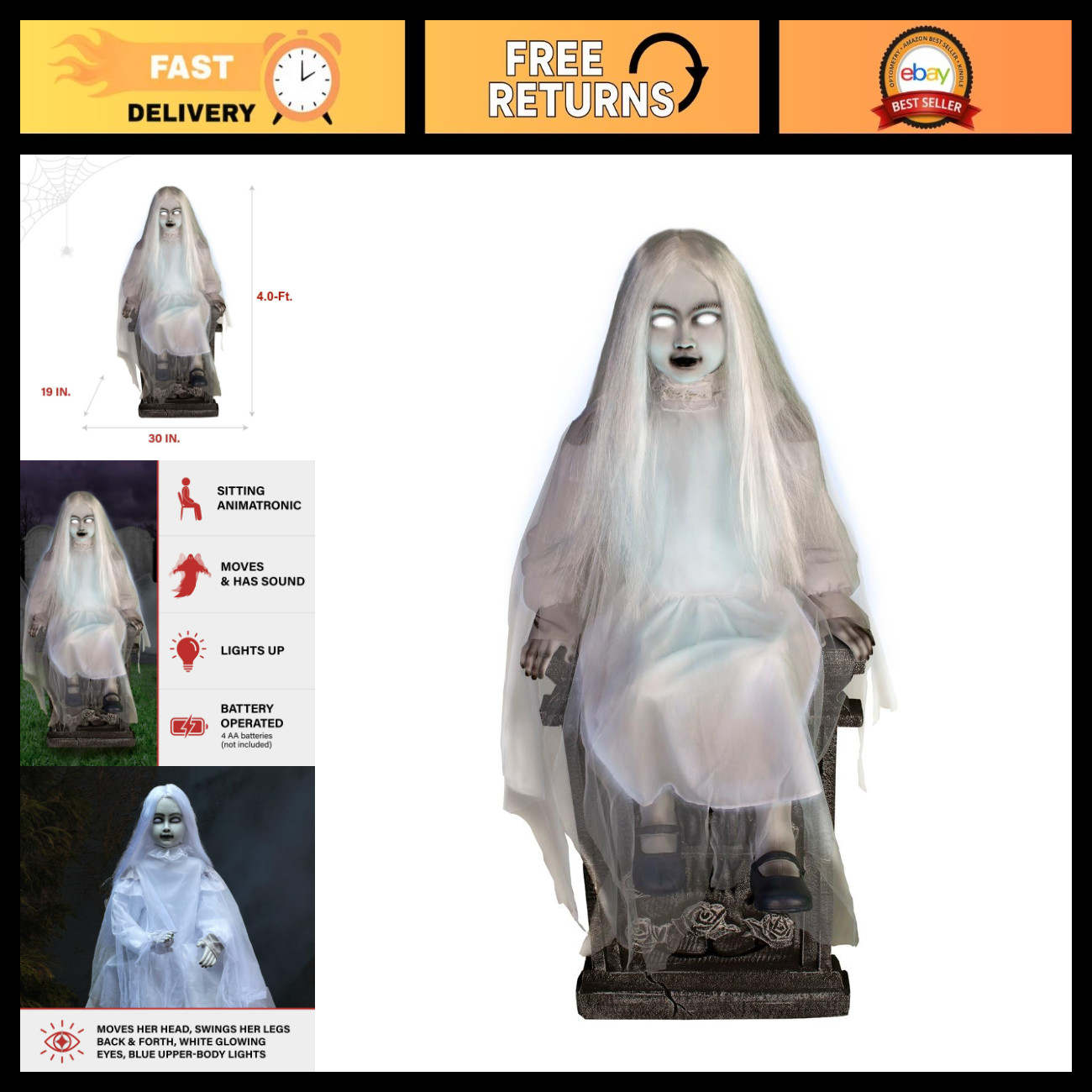 4ft Sitting Tombstone Girl Animatronic Halloween Decoration - Spooky Prop for Ya