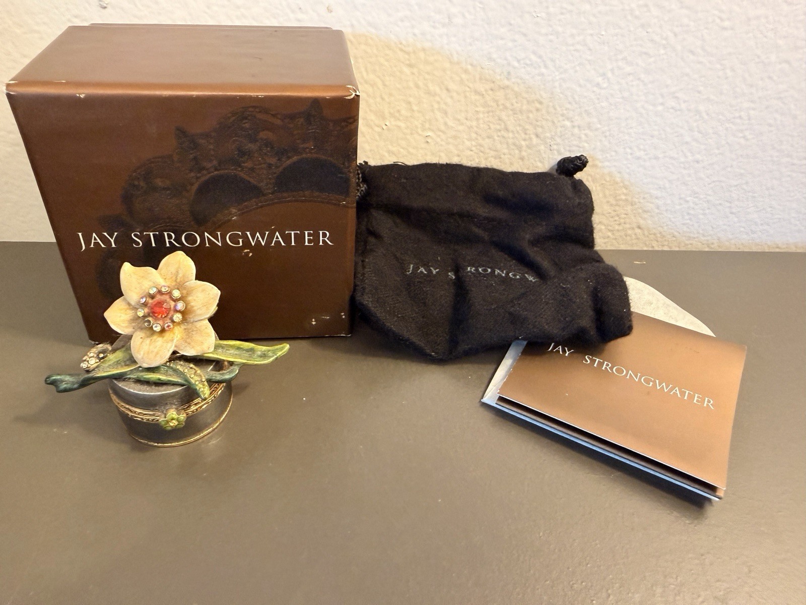 Jay Strongwater Jeweled Floral Hinged Trinket Box w/ Box, Pouch & Booklet