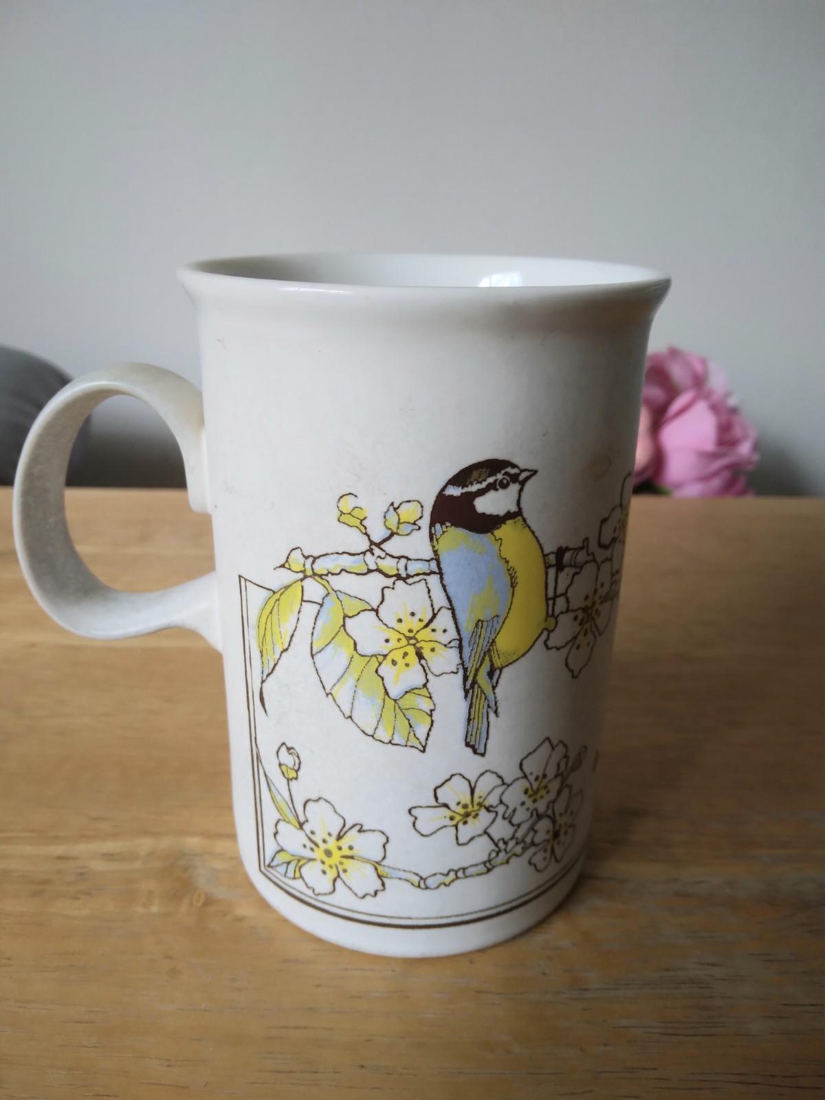 Vintage Dunoon Blue Yellow Birds Flowers Coffee Tea Mug Ceramic Made in Scotland