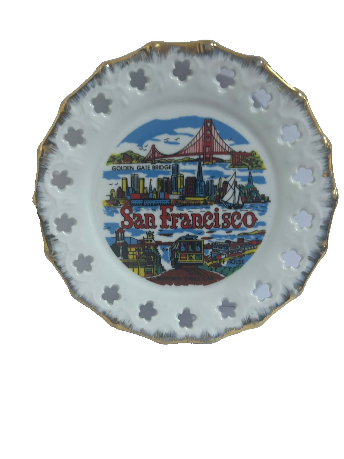 Vintage San Francisco Pierced Reticulated Souvenir Collector Plate Gold Trim 5.7