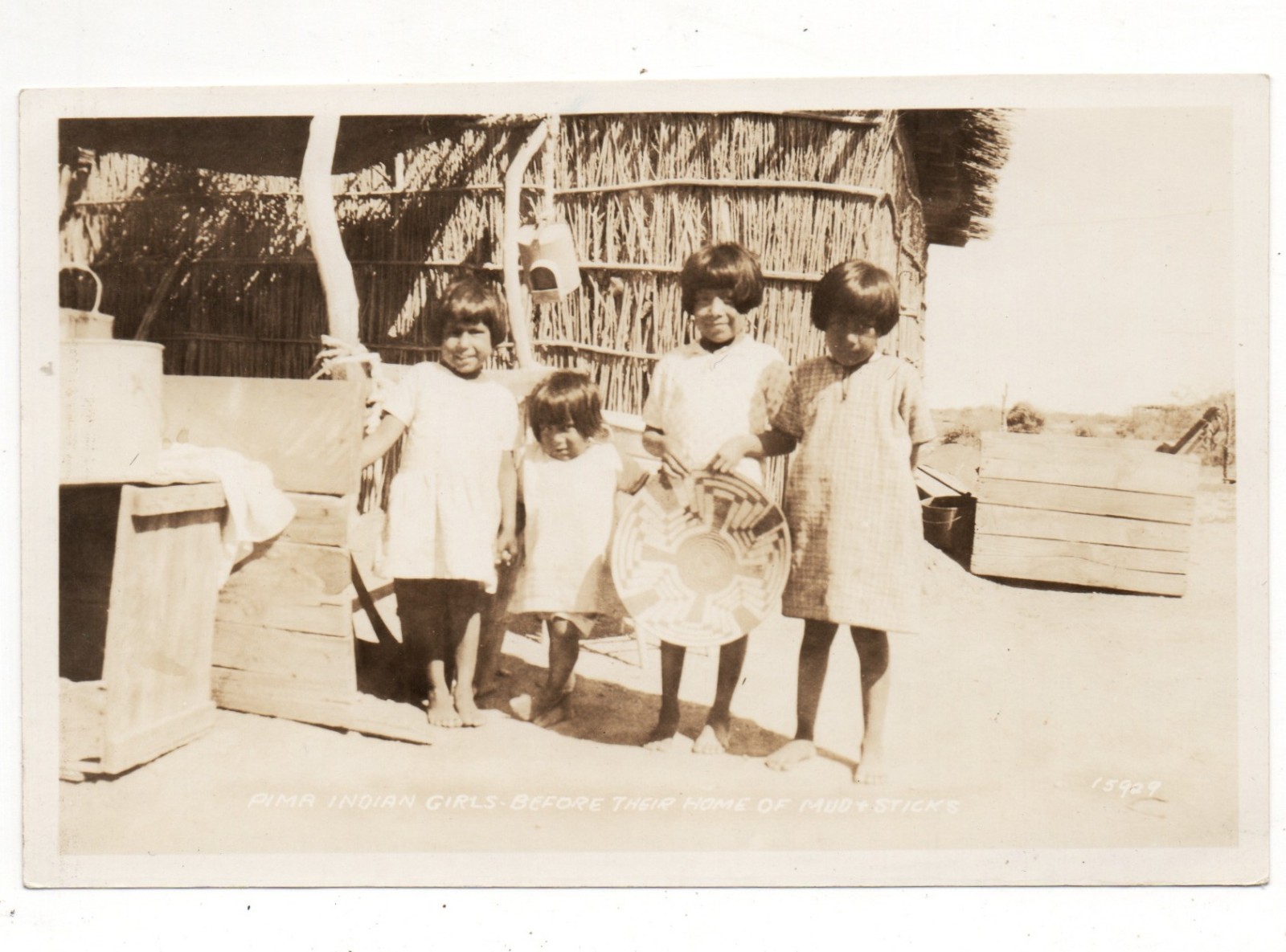 Unique photograph PIMA INDIAN GIRLS children BASKET adobe home 1900s Arizona SW