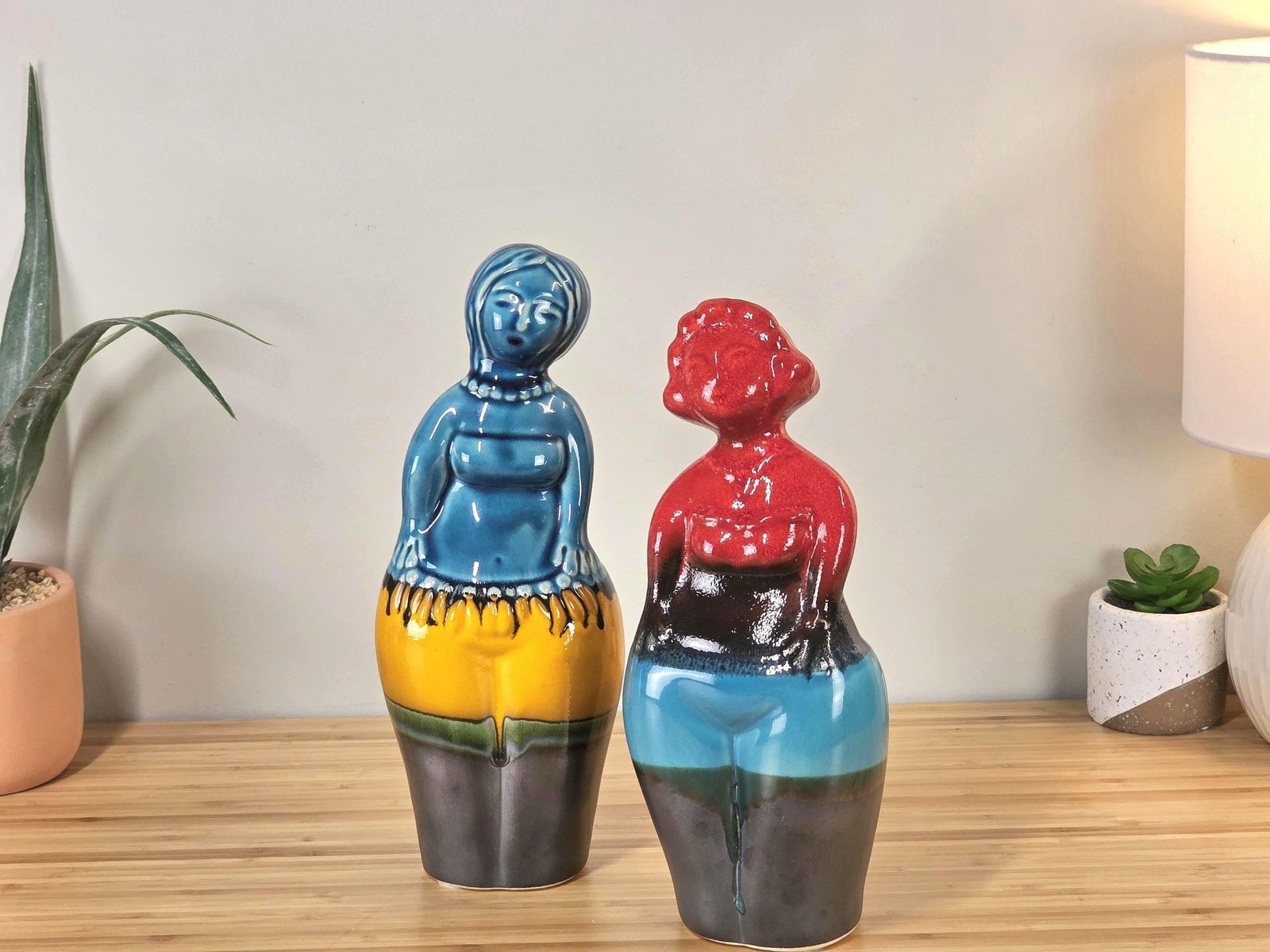 Pair of Vintage 80s Female Modernist Ceramic Figurines Art