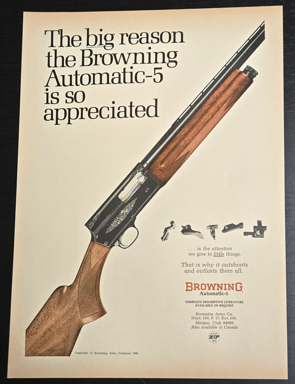 Browning 1968 Automatic-5 A5 Shotgun Original Vintage Print Ad Art Wall Decor