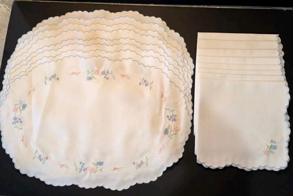 Vtg 1988 Embroidered 8 Placemats & 8 Napkins Scalloped Edge Petite Floral Eyelet