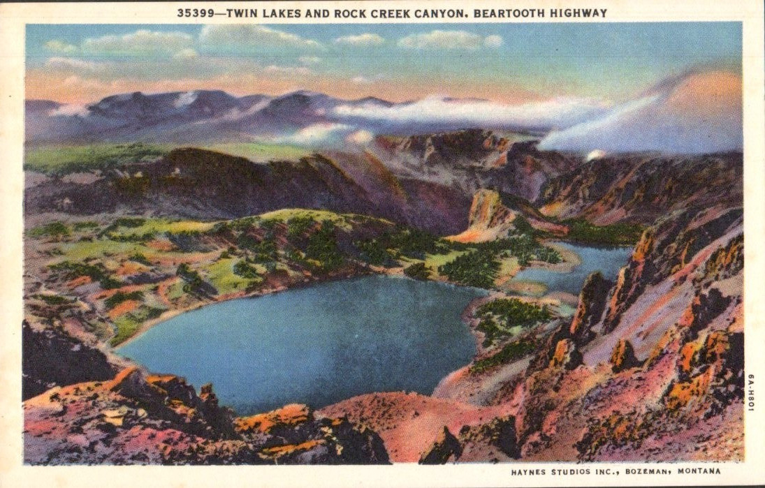 Twin Lakes and Rock Creek Canyon Beartooth Highway c1920s Postcard Aerial View