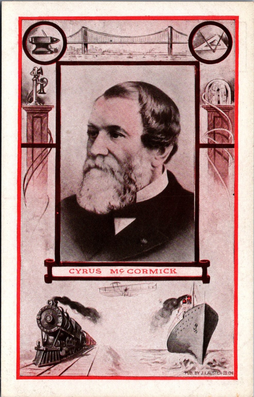 Cyrus McCormick Inventor Reaping Machine Train Biplane Ship J.I. Austen Postcard