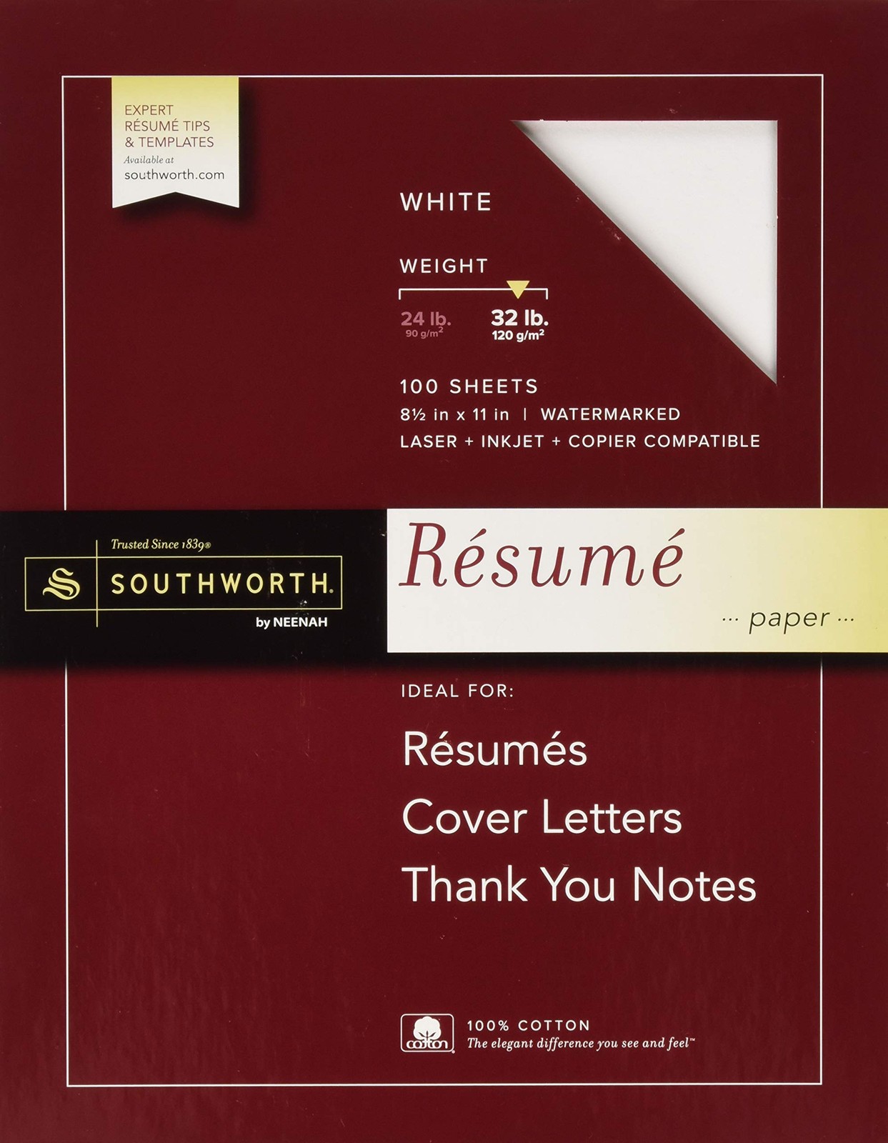 100 PCS 100% Cotton Resume Paper 32Lb 95 Bright 81/2x11 Inch White Printing