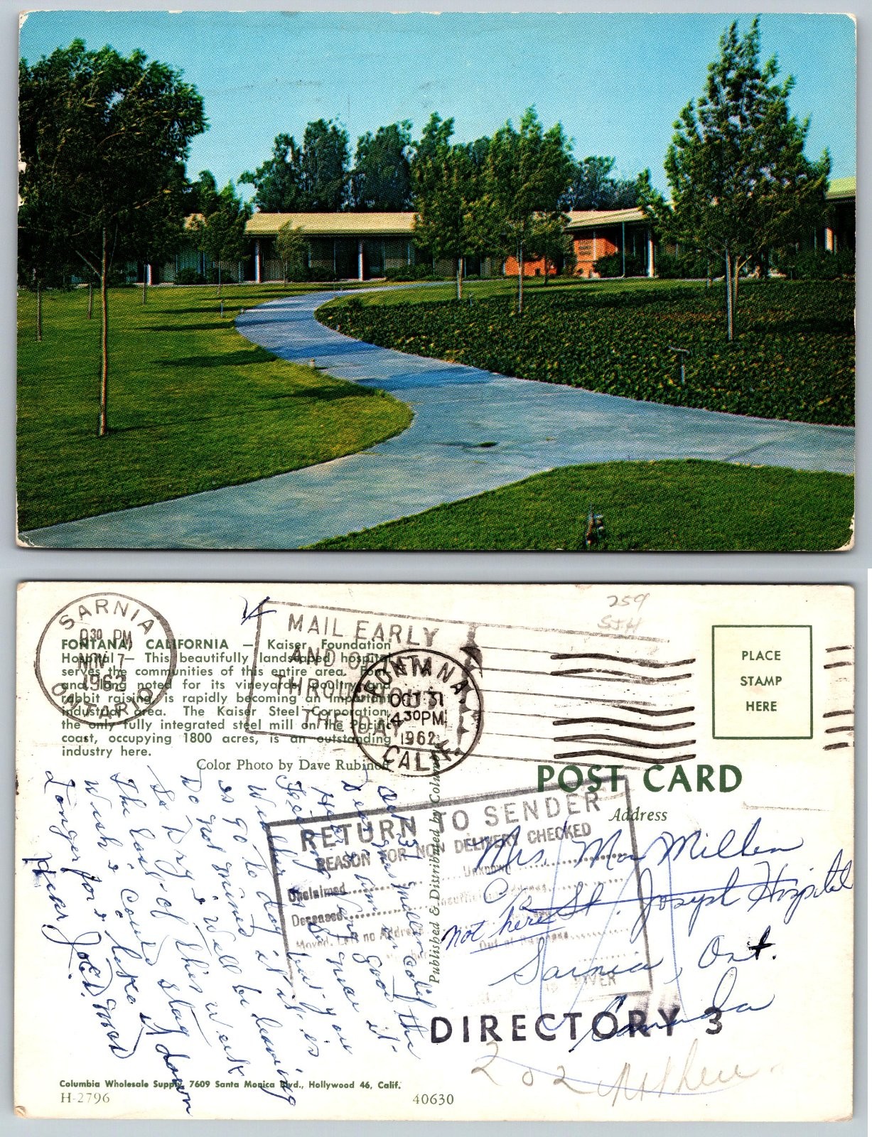 1962 Fontana California Kaiser Foundation Hospital Pathway Posted Postcard Q9