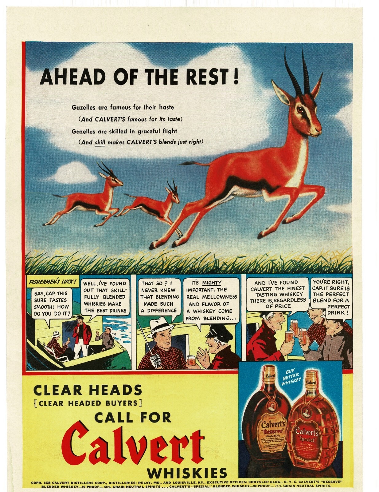 1938 Calvert Reserve Special Whiskey Gazelle art comic cartoon Vintage Print Ad