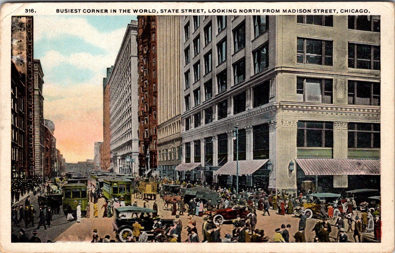 Business Corner of the World, Madison Street, Chicago, IL - Vintage Postcard