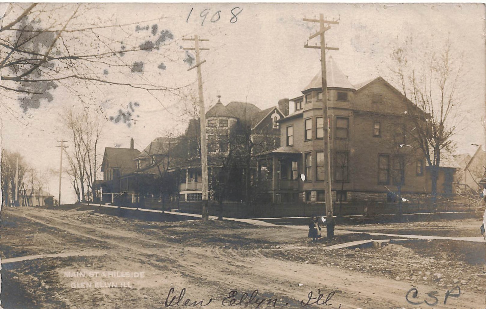 1908 RPPC Glen Ellyn Illinois Main St & Hillside DuPage County Photo Postcard