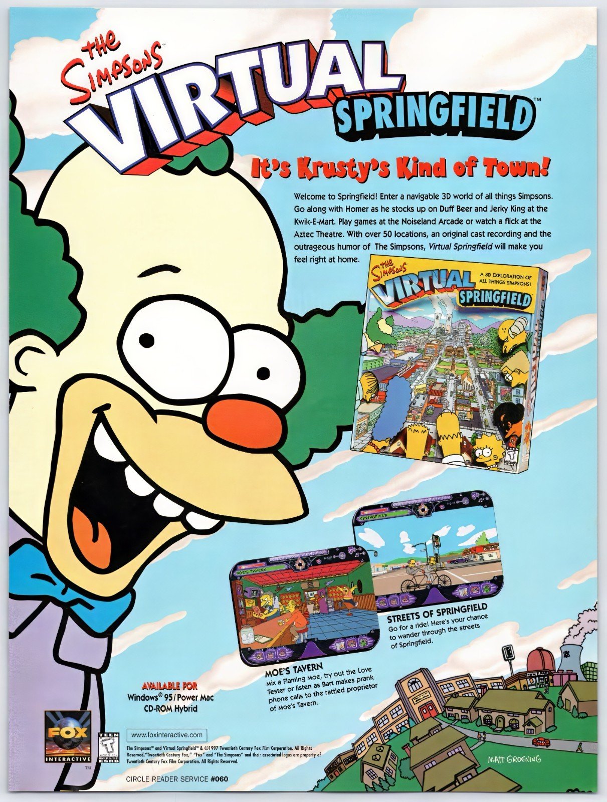 Simpsons Virtual Springfield - PC - Original Print Ad/Poster - Krusty Art 1997