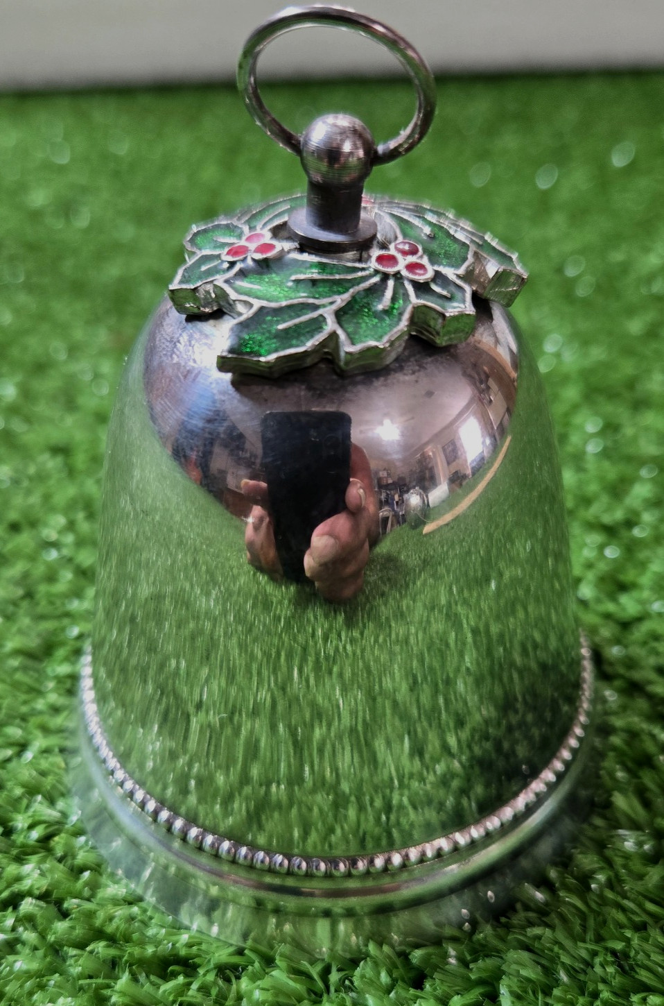 1973 Wallace Silversmith Silver Plate Christmas Bell Ornament  W- Holly Wreath