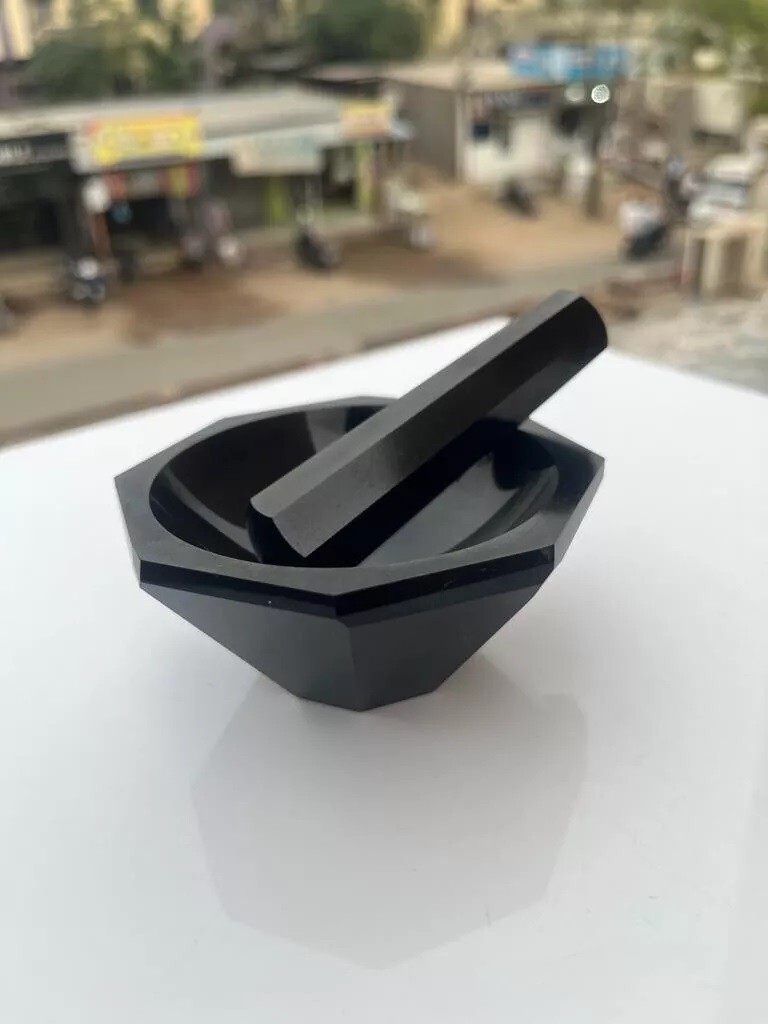 Generic Natural Black Tourmaline Pestle Mortar Carved Stone Pestle Mortar Gift