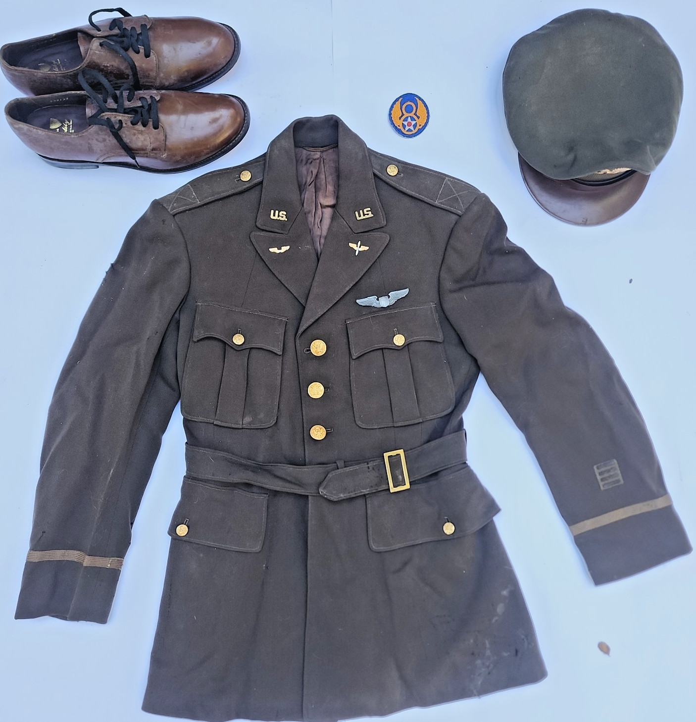WWII USAAF 8th Air Force Pilot Officer Uniform Jacket Shirt Cap Shoes Group